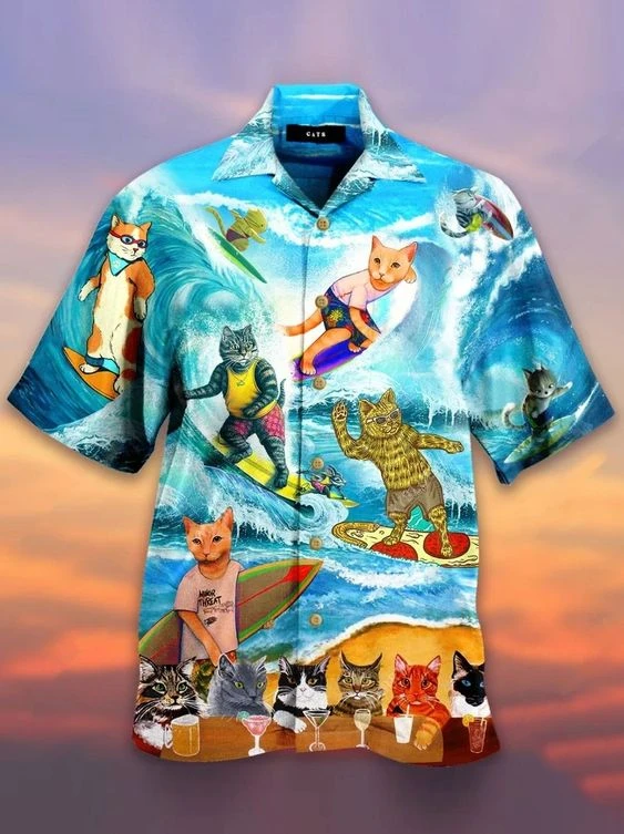 For Men And Women, Party Cats Surf Hawaiian Shirt  Crazy Funny Hawaiian Shirt  Vintage Hawaiian Shirt, Hawaiian Shirt Gift, Christmas Gift