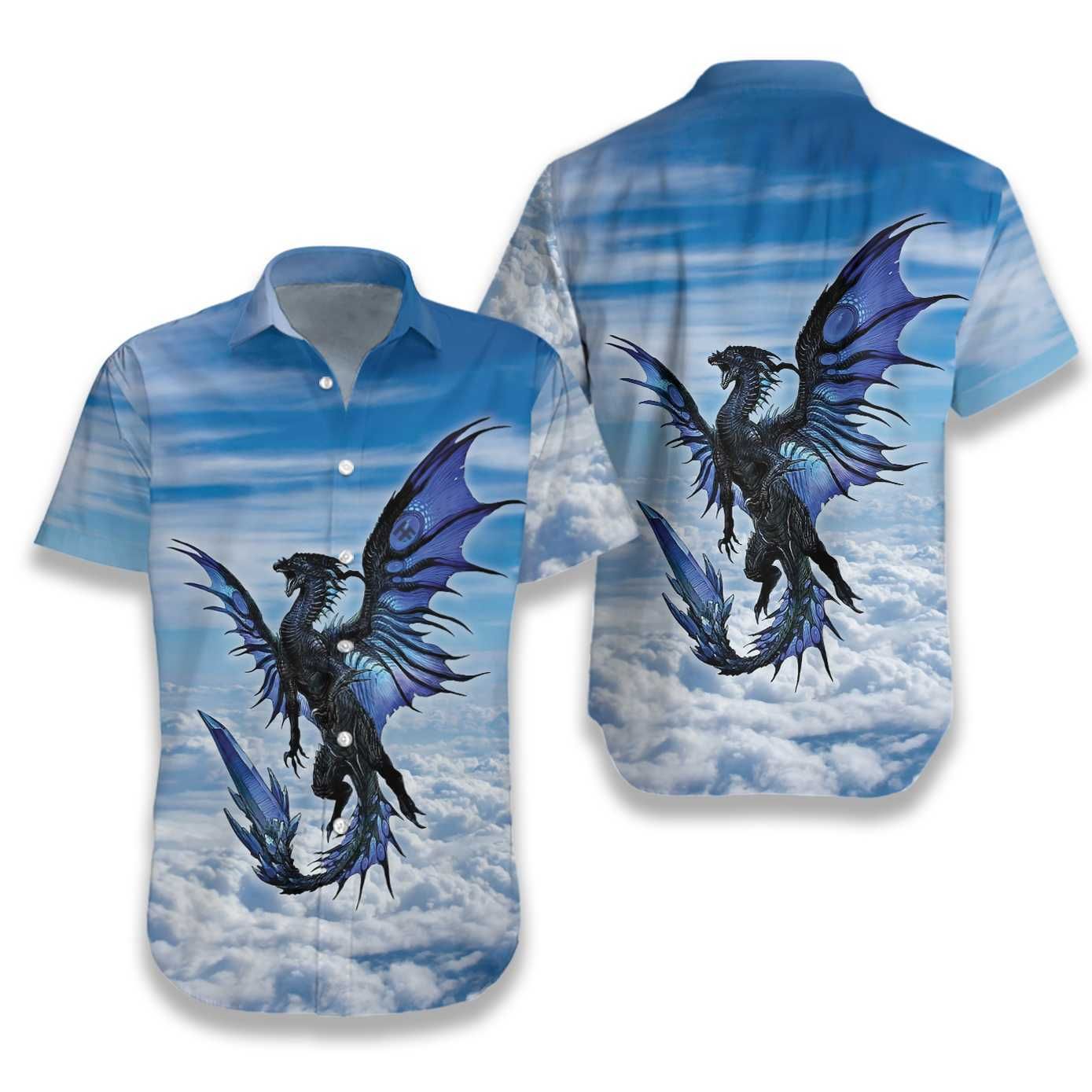 Blue Dragon On Blue Sky Hawaiian Aloha Shirt Hawaiian Shorts Beach Short Sleeve,Hawaiian Shirt Gift, Christmas Gift