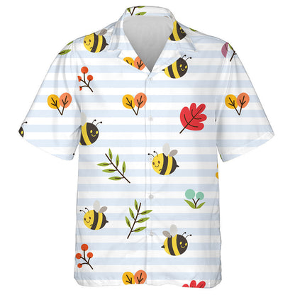 Leaves And Cute Bee On The Blue Line Hawaiian Shirt, Hawaiian Shirt Gift, Christmas Gift