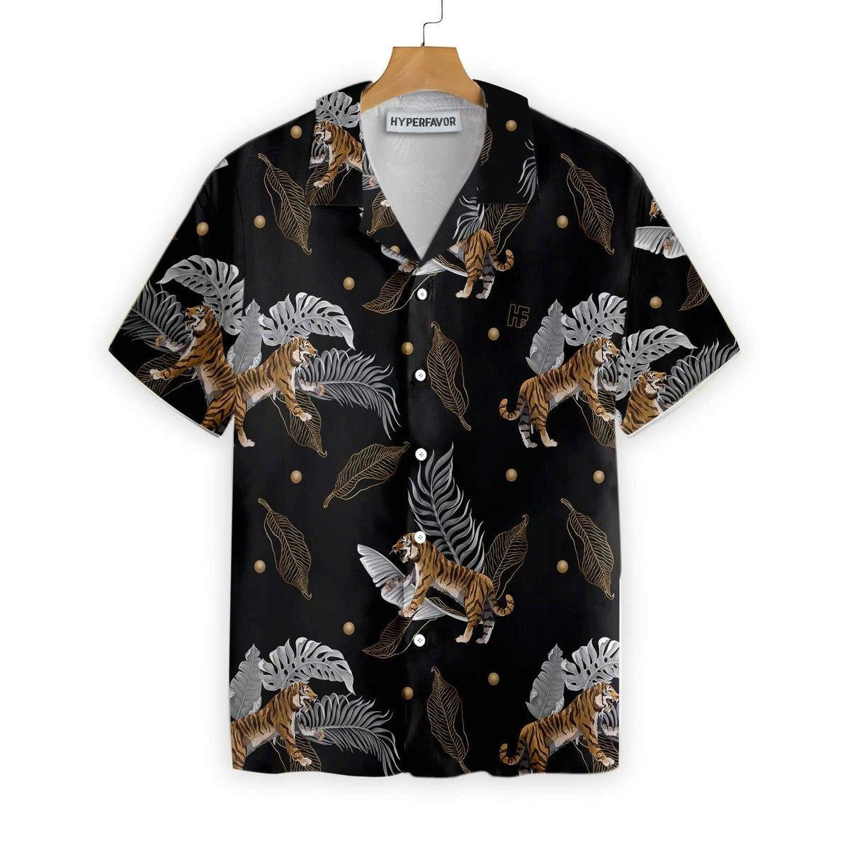 Wild Tiger With Palm Leaves On Black Backdrop Hawaiian Shirt, Hawaiian Shirt Gift, Christmas Gift