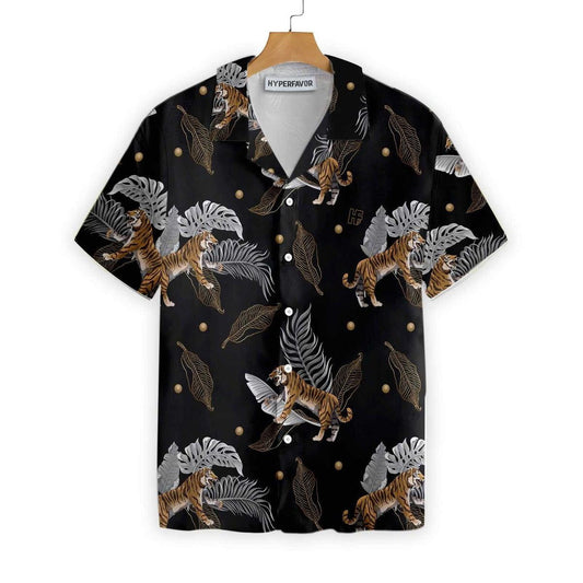 Wild Tiger With Palm Leaves On Black Backdrop Hawaiian Shirt, Hawaiian Shirt Gift, Christmas Gift