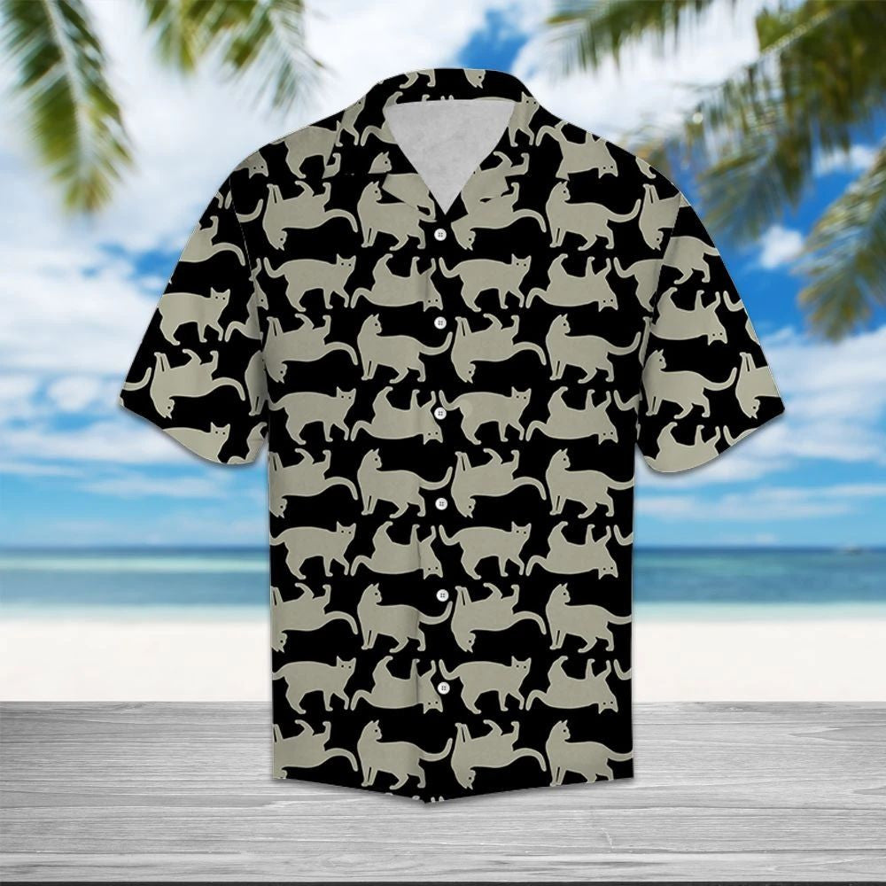 Playful Cat Black And White Line Pattern Hawaiian Shirt, Hawaiian Shirt Gift, Christmas Gift