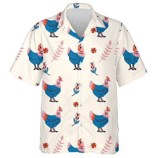 Chickens And Floral Elements On Gentle Pink Background Hawaiian Shirt, Hawaiian Shirt Gift, Christmas Gift
