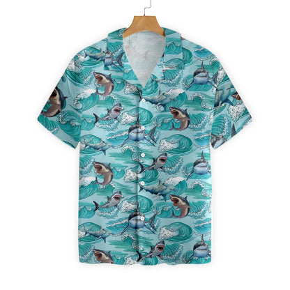 Sharks On Sea Waves Design Hawaiian Shirt, Hawaiian Shirt Gift, Christmas Gift