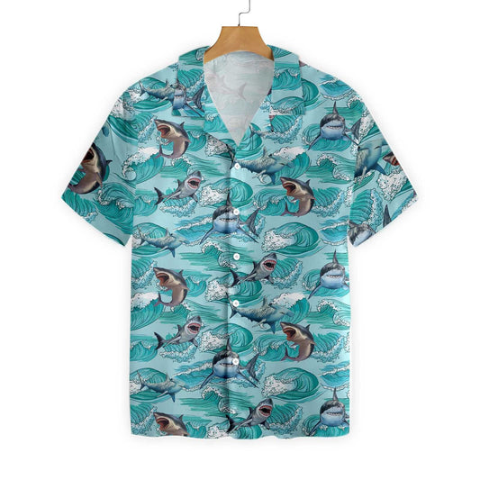 Sharks On Sea Waves Design Hawaiian Shirt, Hawaiian Shirt Gift, Christmas Gift