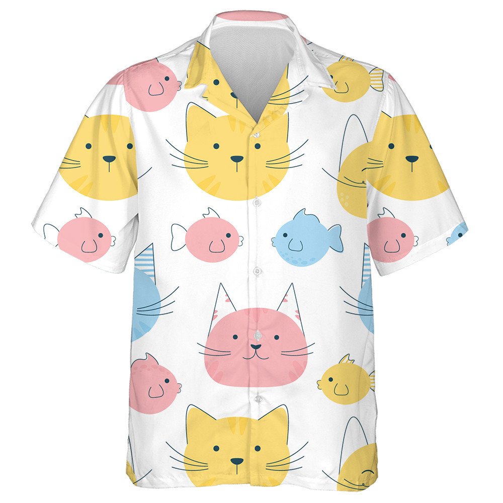 Watercolor Funny Cats And Fish In Cartoon Style Hawaiian Shirt, Hawaiian Shirt Gift, Christmas Gift
