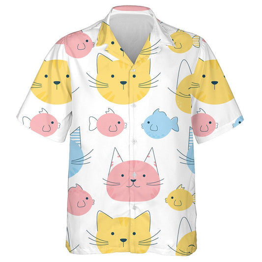 Watercolor Funny Cats And Fish In Cartoon Style Hawaiian Shirt, Hawaiian Shirt Gift, Christmas Gift