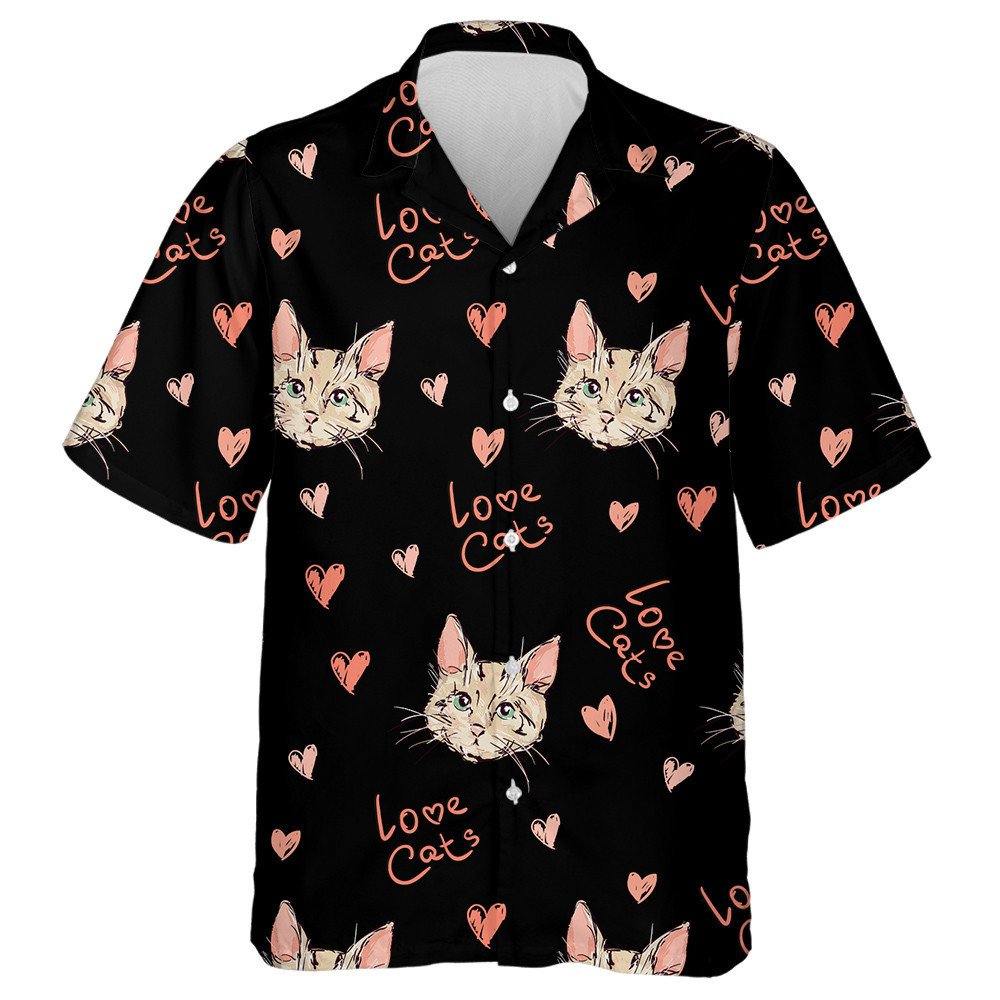 Cute Face Of Cat And Heart In Cartoon Style Hawaiian Shirt, Hawaiian Shirt Gift, Christmas Gift