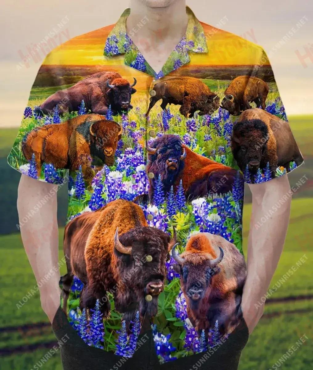 Bison Herd In Bluebonnet Field Unisex Short Sleeve Shirt Summer Hawaiian T Shirts Tactical Hawaiian Shirt Funny Hawaiian Shirts, Hawaiian Shirt Gift, Christmas Gift
