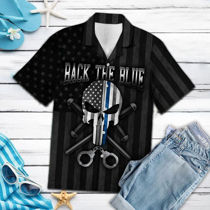 Hawaiian Shirt Black And Gray American Flag Back The Blue, Hawaiian Shirt Gift, Christmas Gift