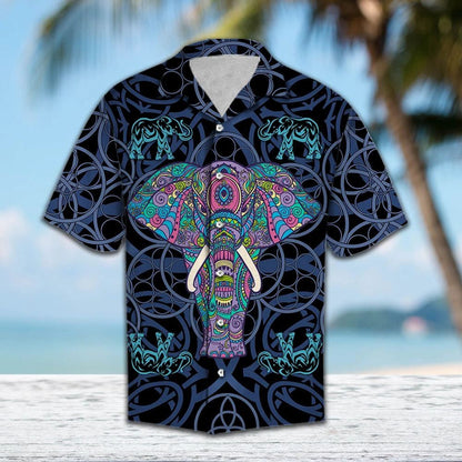 Hippie Colorful Elephant Blue Mandala Circle Pattern Hawaiian Shirt, Hawaiian Shirt Gift, Christmas Gift
