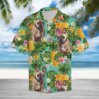 Bulldog With Plumeria Flowers Design Hawaiian Shirt, Hawaiian For Gift
