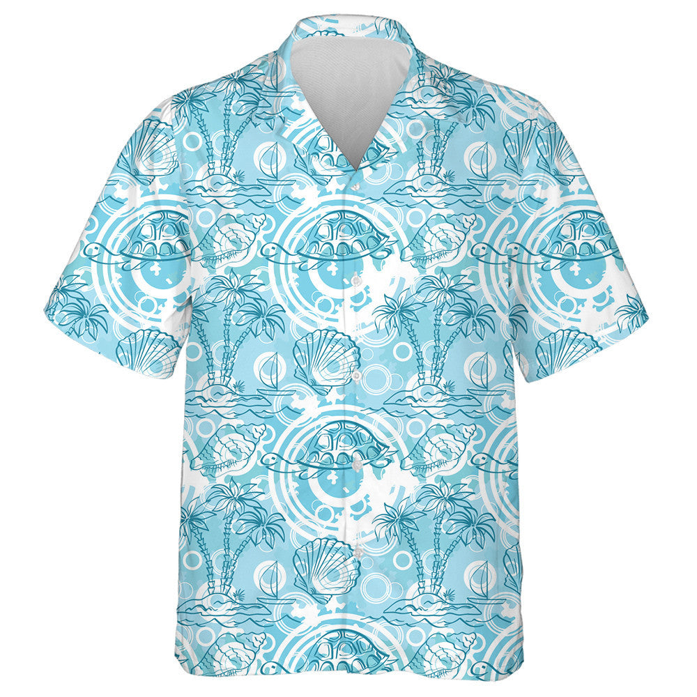 Sea Island With Palm Trees Boat And Turtles Hawaiian Shirt, Hawaiian Shirt Gift, Christmas Gift