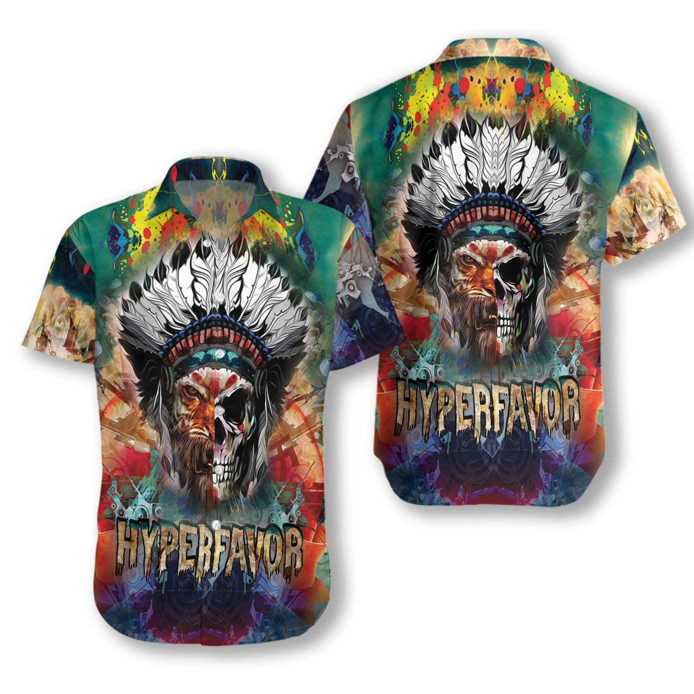 Tiger Indian Skull Colorful Background Hawaiian Shirt,Hawaiian Shirt Gift, Christmas Gift