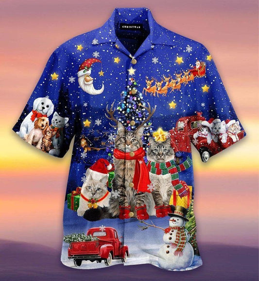 Cat Under Beautiful Christmas Sky Design Hawaiian Shirt, Hawaiian Shirt Gift, Christmas Gift