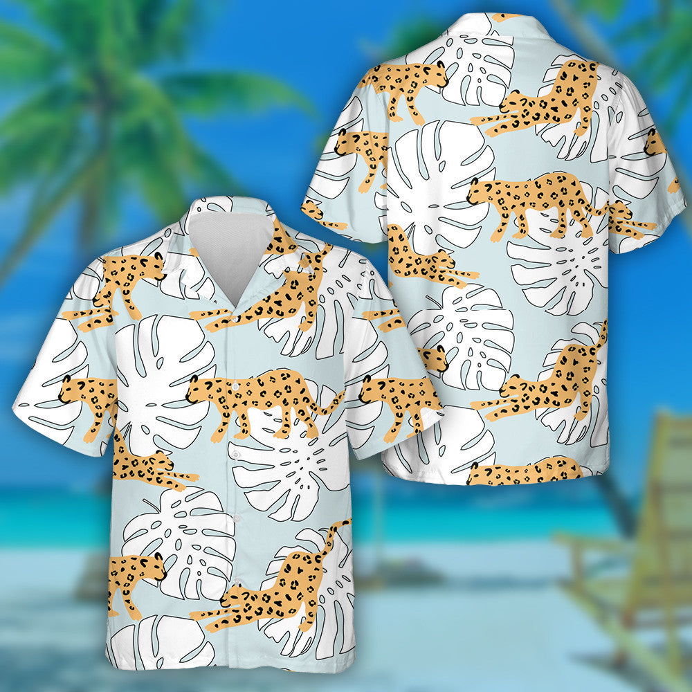 Wild Tropical Leopard Animal And Monstera Palm Leaves Hawaiian Shirt, Hawaiian Shirt Gift, Christmas Gift