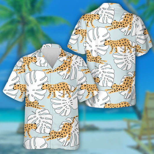 Wild Tropical Leopard Animal And Monstera Palm Leaves Hawaiian Shirt, Hawaiian Shirt Gift, Christmas Gift