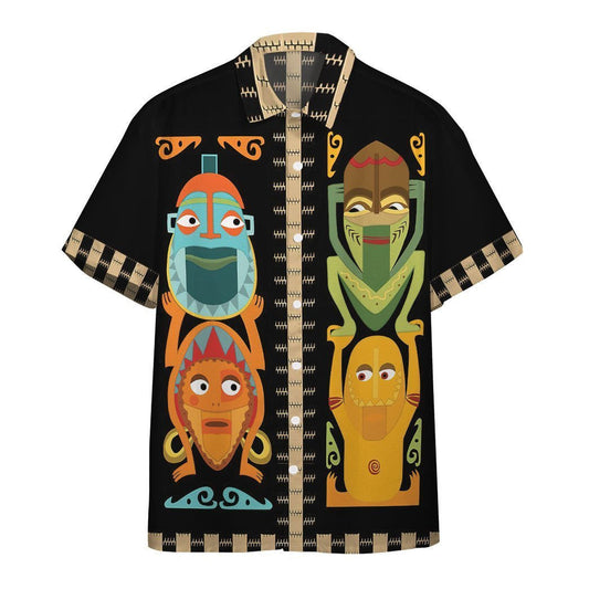 Polynesian Tiki Totems On Black Ornamental Hawaiian Shirt,Hawaiian Shirt Gift, Christmas Gift