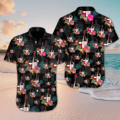 Grape Wine Bottle With Flower Tropical Jungle Pattern Hawaiian Shirt, Hawaiian Shirt Gift, Christmas Gift