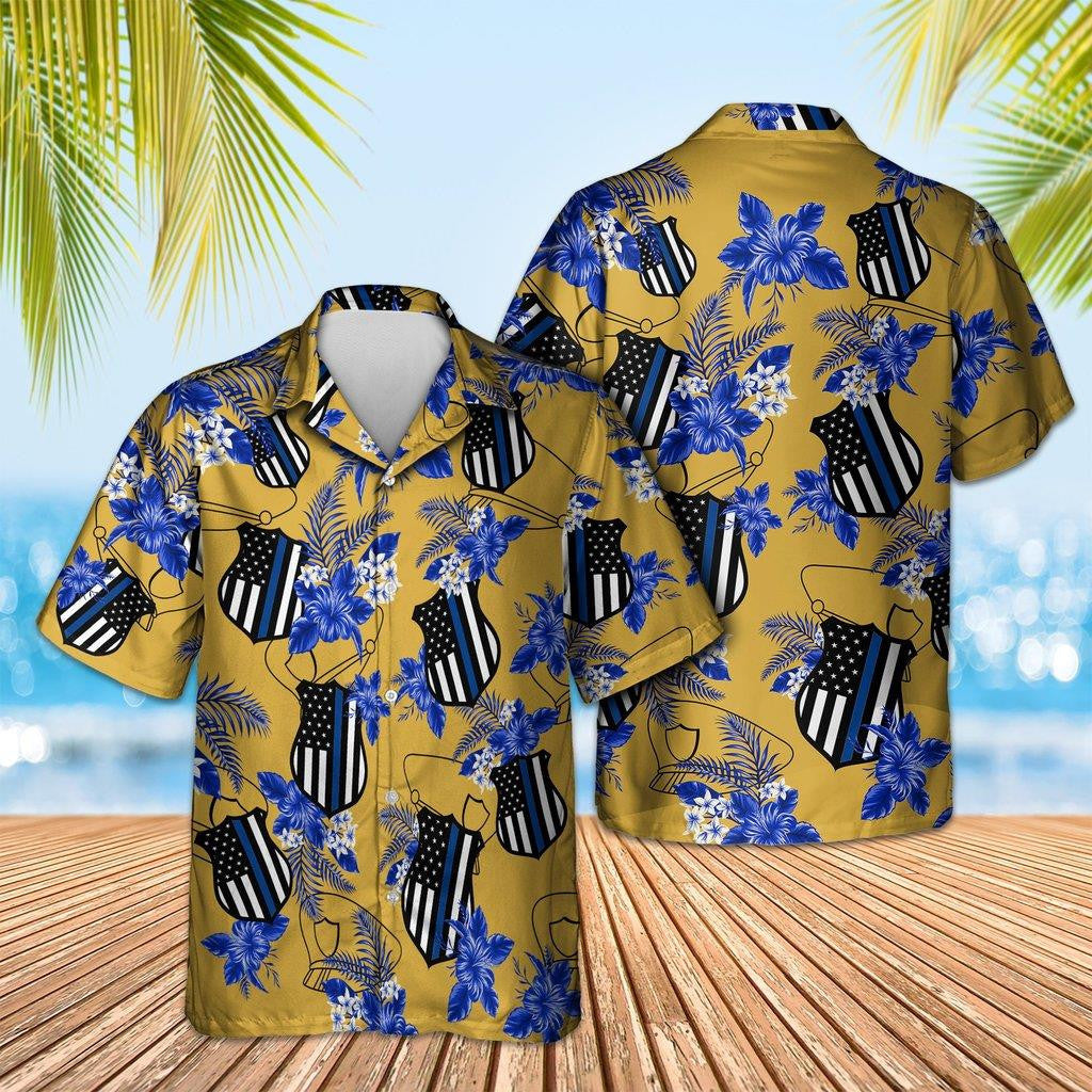 Thin Blue Line US Emblem With Flowers Pattern Hawaiian Shirt, Hawaiian Shirt Gift, Christmas Gift