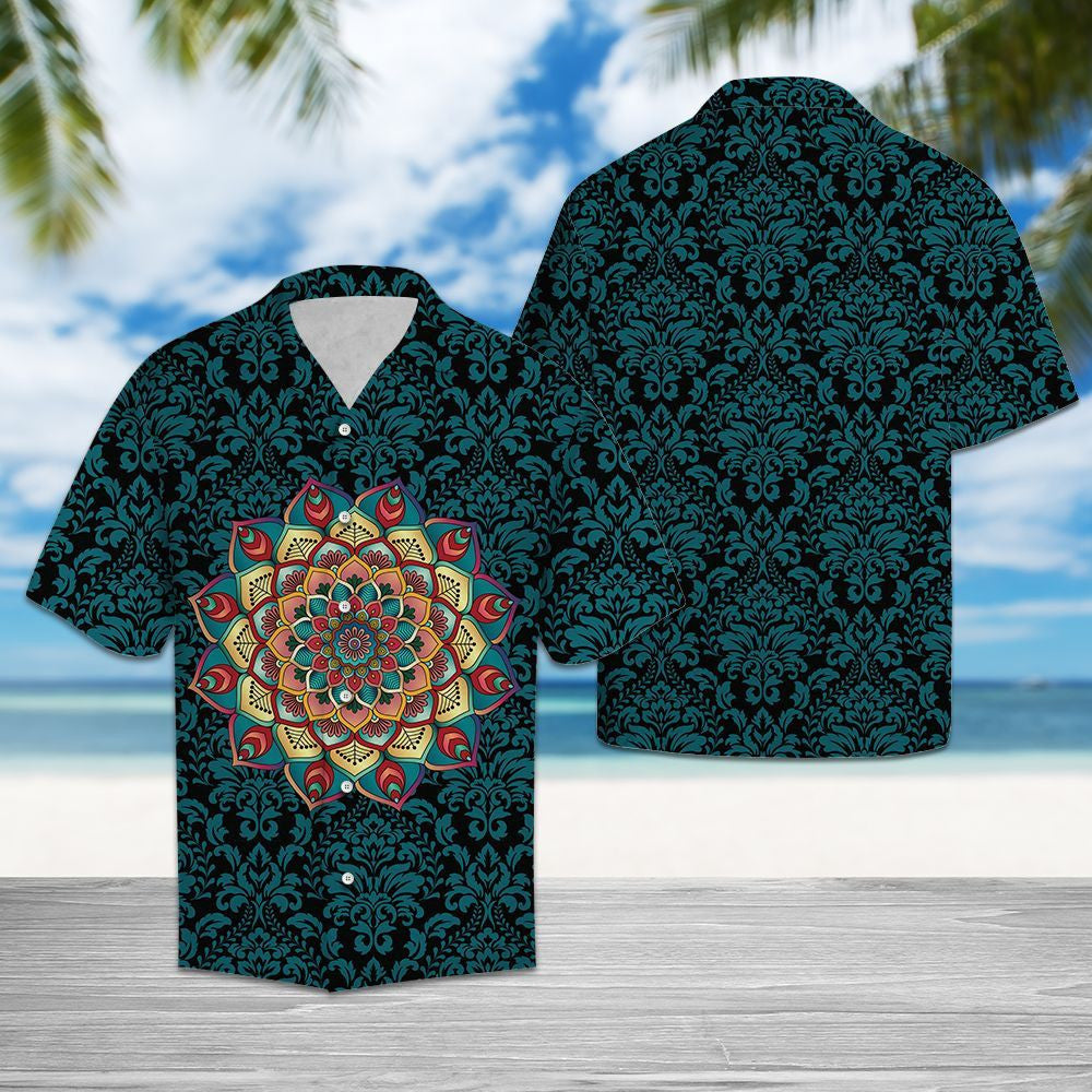 Black And Blue Darmask Mandala Style Flower Patchwork Hawaiian Shirt, Hawaiian Shirt Gift, Christmas Gift