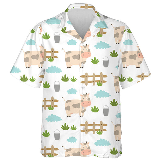 Hand Drawn Farm Elements With Cute Cow Hawaiian Shirt, Hawaiian Shirt Gift, Christmas Gift