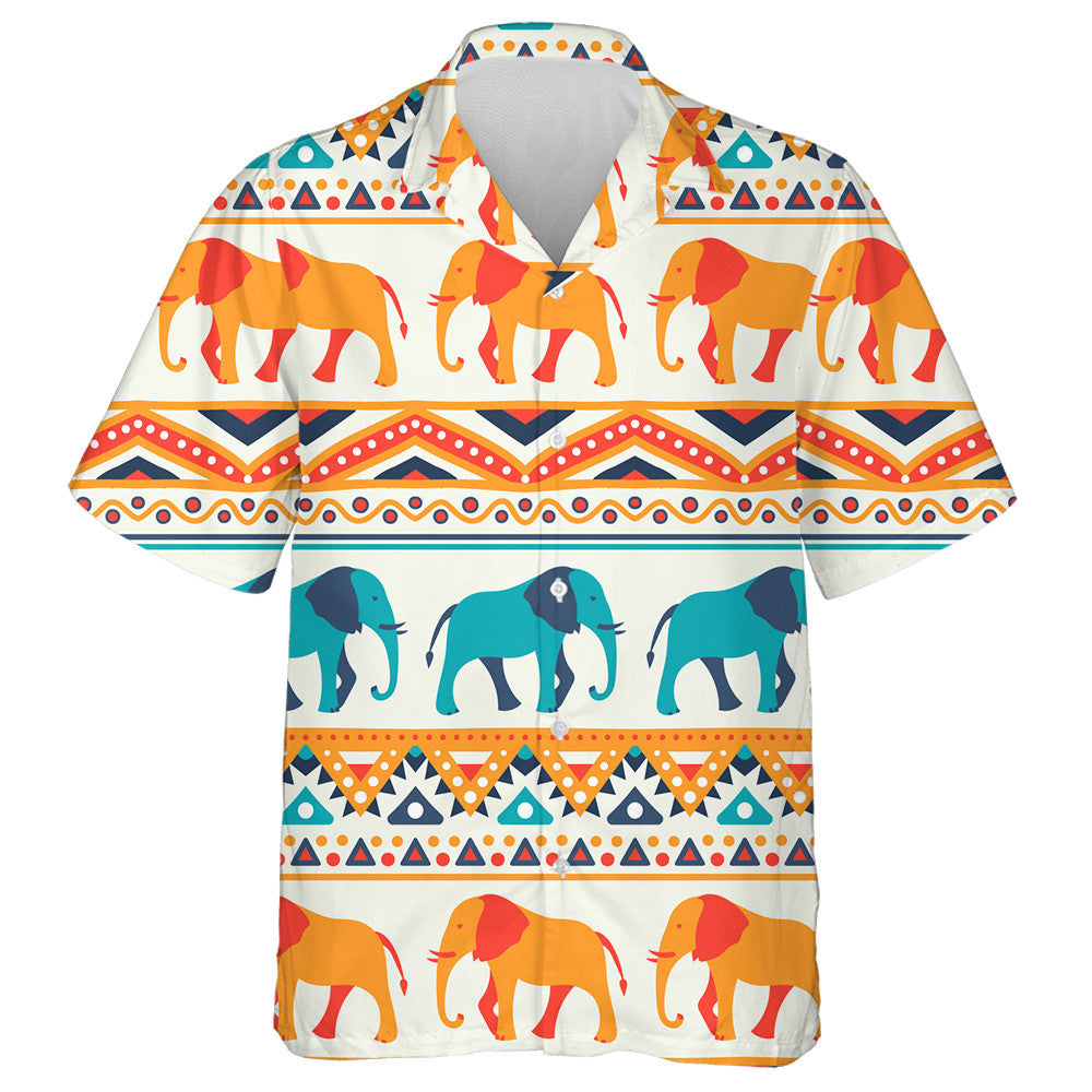 Retro Blue And Orange Elephant With Ethnic Ornaments Hawaiian Shirt, Hawaiian Shirt Gift, Christmas Gift