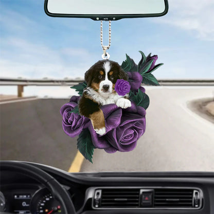 Bernese Mountain In Purple Rose Car Hanging Ornament, Christmas Decoration