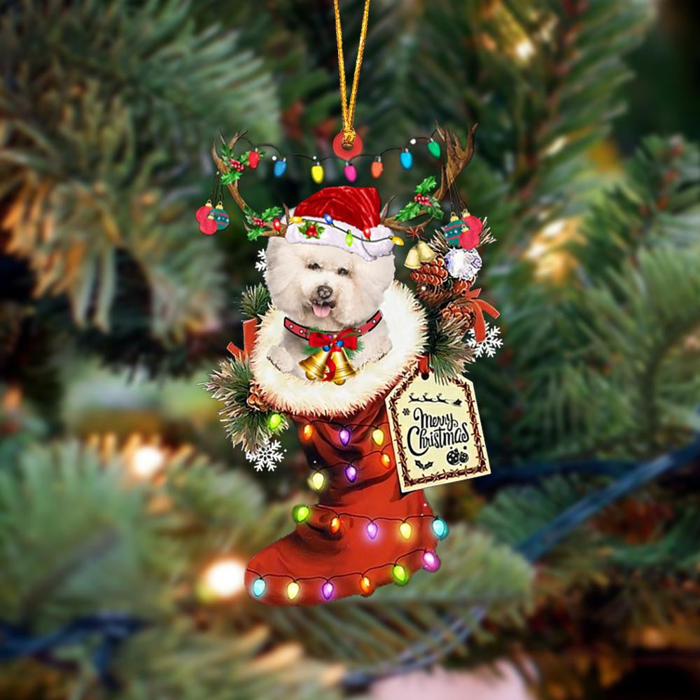 CREAM Bichon Frise-Xmas Boot-Two Sided Christmas Plastic Hanging Ornament, Christmas Gift, Christmas Decoration