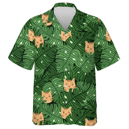 Monstera Leafs And Cats Faces In Green And Orange Hawaiian Shirt, Hawaiian Shirt Gift, Christmas Gift
