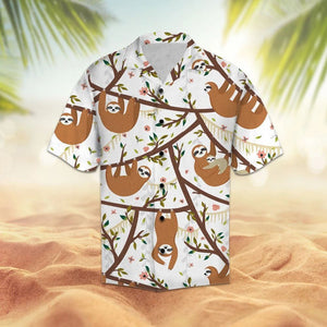 Amazing Cartoon Sloth Climbing On Branch Pattern Hawaiian Shirt, Hawaiian Shirt Gift, Christmas Gift