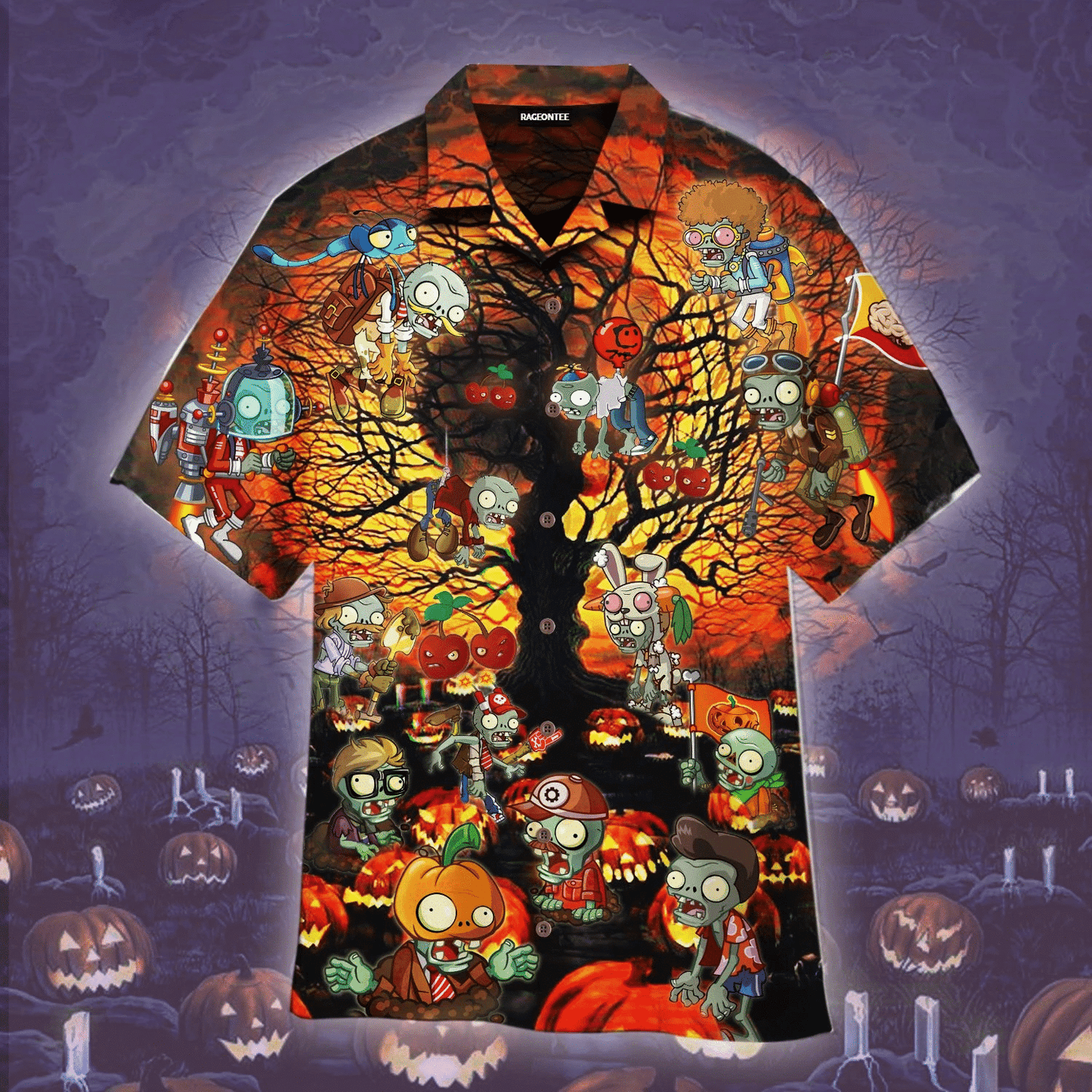 Halloween Night Zombie And Tree Dramatic Hawaiian Shirt, Hawaiian For Gift