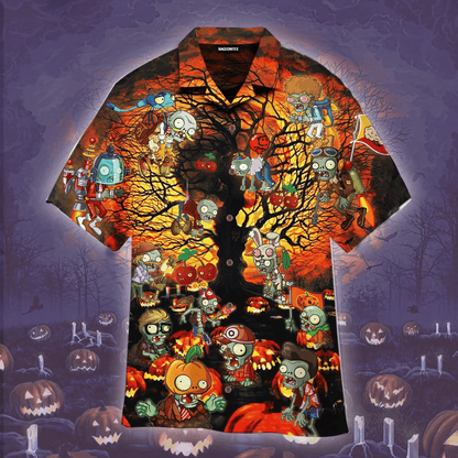 Halloween Night Zombie And Tree Dramatic Hawaiian Shirt, Hawaiian For Gift
