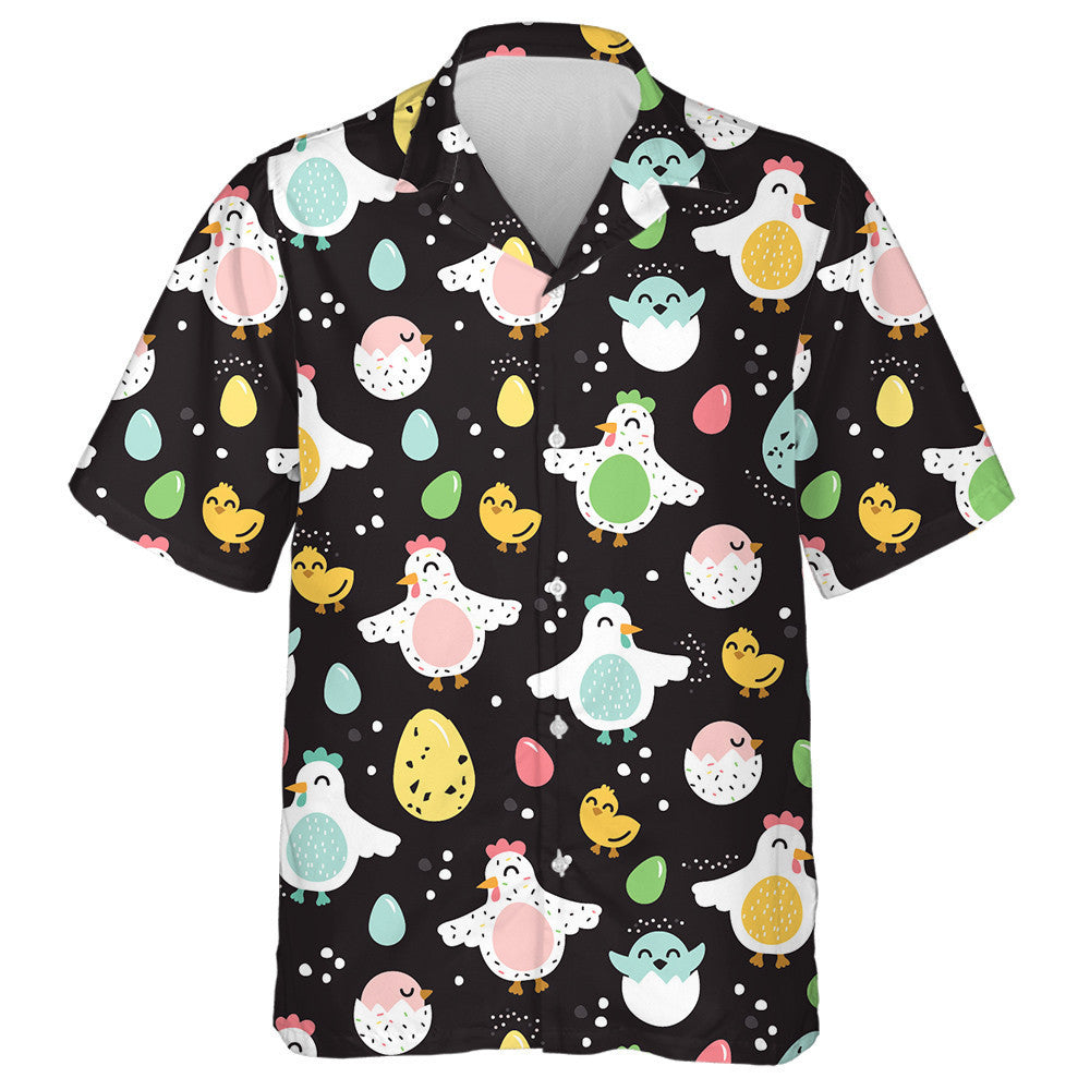 Funny Hens Eggs And Chickens On Black Background Hawaiian Shirt, Hawaiian Shirt Gift, Christmas Gift