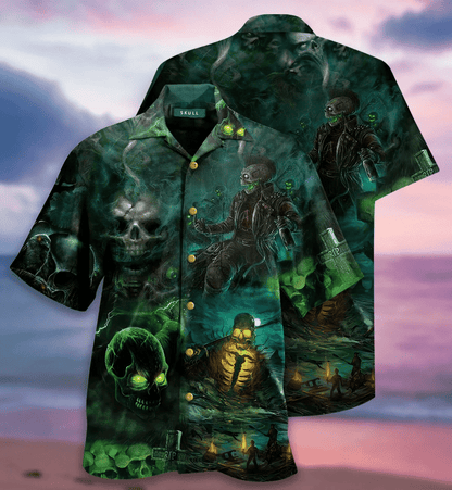 Halloween Scary Poison Skull And Skeleton Background Hawaiian Shirt, Hawaiian Shirt Gift, Christmas Gift