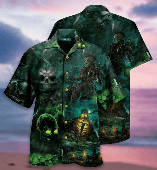 Halloween Scary Poison Skull And Skeleton Background Hawaiian Shirt, Hawaiian Shirt Gift, Christmas Gift