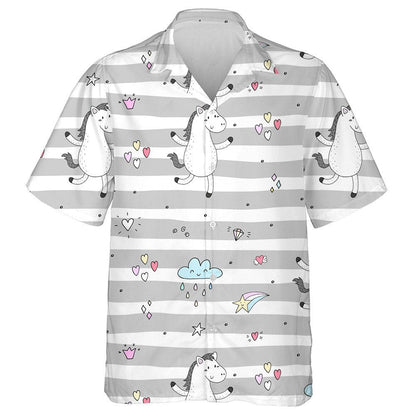Cartoon Funny Pony Horses On Grey Stripe Hawaiian Shirt, Hawaiian Shirt Gift, Christmas Gift