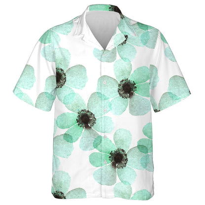 Hand Painted Watercolor Anemone Turquoise Flower Pattern Hawaiian Shirt, Hawaiian Shirt Gift, Christmas Gift
