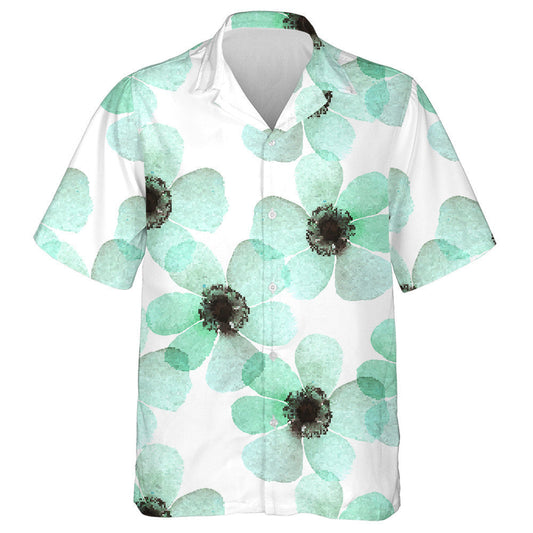 Hand Painted Watercolor Anemone Turquoise Flower Pattern Hawaiian Shirt, Hawaiian Shirt Gift, Christmas Gift
