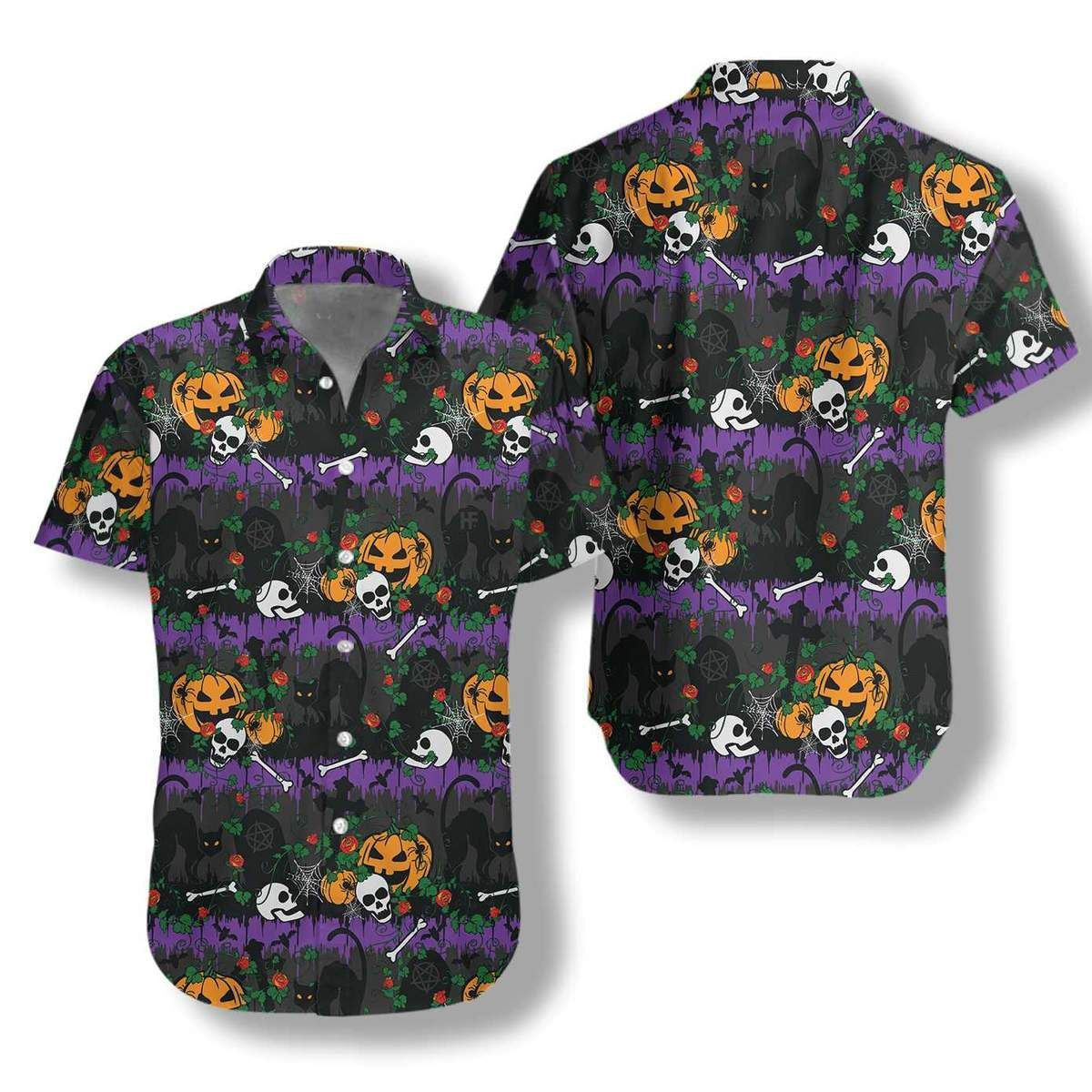 Dark Halloween Pumpkin And Black Cats Ornamental Hawaiian Shirt, Hawaiian Shirt Gift, Christmas Gift