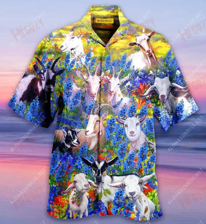Goats In Bluebonnets Unisex Short Sleeve Shirt Ocean Hawaiian T Shirts Custom Hawaiian Shirts Hawaiian Shirt Pattern, Hawaiian Shirt Gift, Christmas Gift