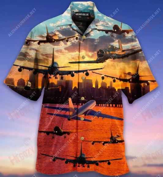 Fly Into Sunset Aircraft Unisex Hawaiian Shirt Vacation Short Sleeve Tactical Hawaiian Shirt Hawaiian Shirts For Women, Hawaiian Shirt Gift, Christmas Gift