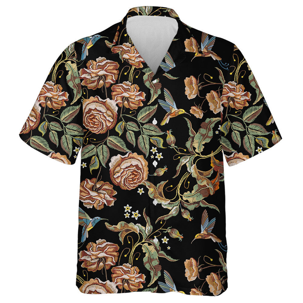 Roses Branch Embroidery Classical Design With Hummingbird Hawaiian Shirt, Hawaiian Shirt Gift, Christmas Gift