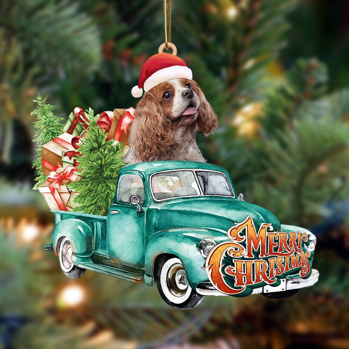 Cavalier King Spaniel-Green Truck Hanging Christmas Plastic Hanging Ornament, Happy Christmas Ornament, Christmas Gift, Christmas Decoration