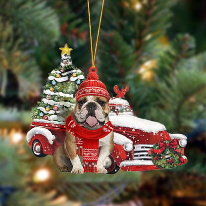 Bulldog-Christmas Car Two Sided Christmas Plastic Hanging Ornament, Happy Christmas Ornament, Christmas Gift, Christmas Decoration