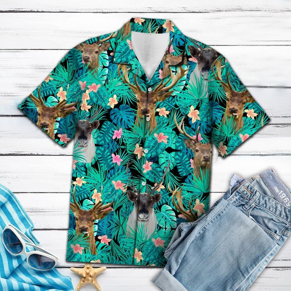 Awesome Reindeer Tropical Leaves And Hibiscus Pattern Hawaiian Shirt, Hawaiian Shirt Gift, Christmas Gift