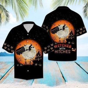 Witches With Hitches Halloween Illustration Hawaiian Shirt, Hwaiian For Gift