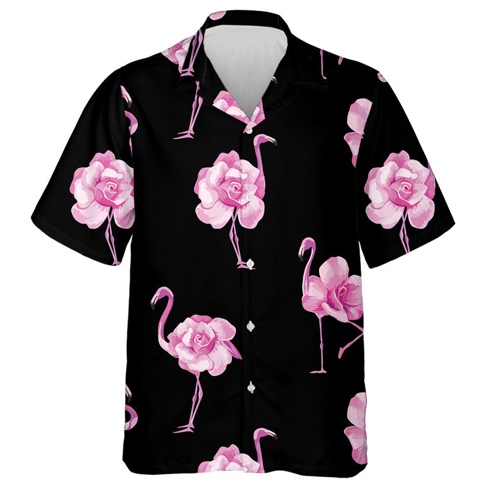 Beautiful Tropical Pink Flamingo And Rose Flowers Design Hawaiian Shirt, Hawaiian Shirt Gift, Christmas Gift