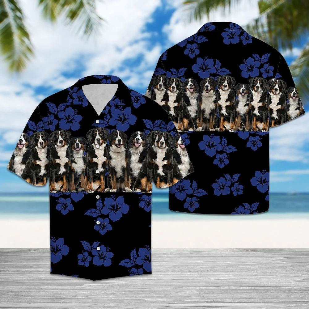 Awesome Bernese Mountain Dog Group On Hibiscus Pattern Hawaiian Shirt, Hawaiian Shirt Gift, Christmas Gift