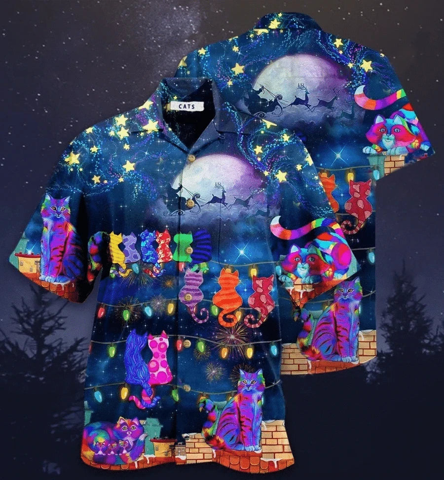 Colorful Cat By Christmas Night Design Hawaiian Shirt, Hawaiian For Gift